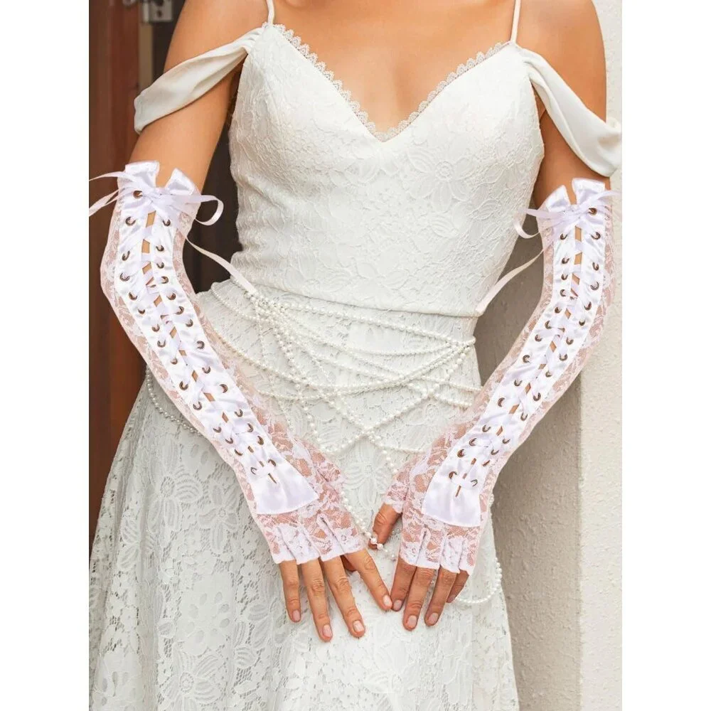Women's Long Lace Fingerless Rhinestone White Gloves Party Tea Pram Accessories